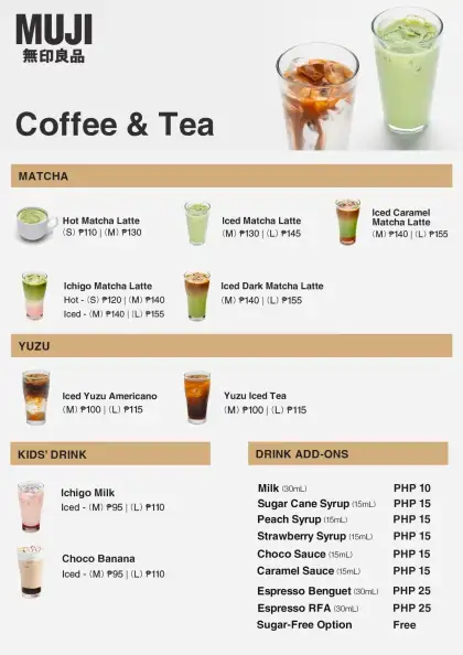 The coffee and tea menu at MUJI's Coffee Counters