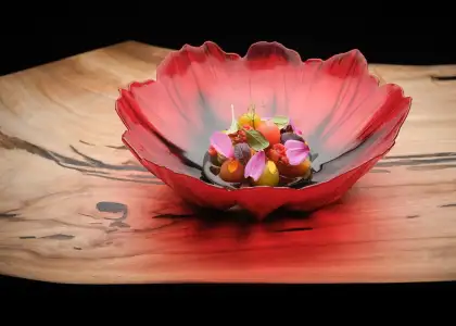 Nantau tomatoes in perilla and coal, fermented pistachio and winter shoots