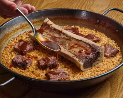 The Beef Rib Paella with Charred Bone Marrow is a creative take on the most popular Spanish dish, paella.