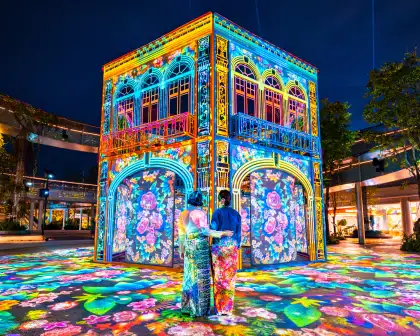 The Peranakan House illuminated at night.