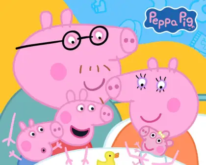 Peppa and her family, with the new member Evie