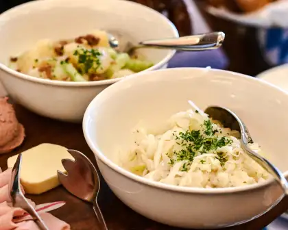 Kartoffelsalat (German potato salad) and Krautsalad (White cabbage salad)