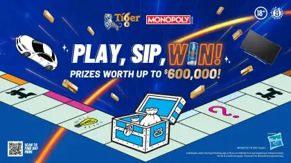 The promotional banner for Tiger SG60 MONOPOLY PLAY, SIP, WIN