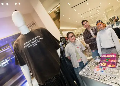 (Left) A close up on a shirt from the newest collection, (Right) The owners of Conceit