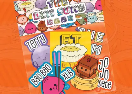 Cute graphic stickers of the DIM SUMS mascots.