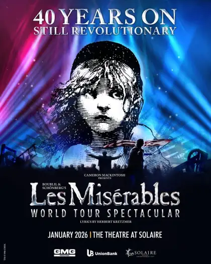 A poster with black, blue, purple, and red featuring Les Miserables.