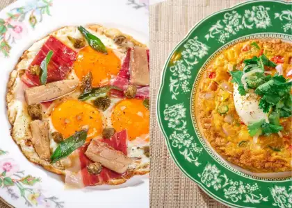 Crispy Brown Butter Eggs and Masala Omelette.