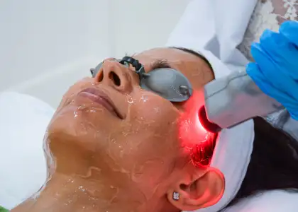 a close up of a face being treated