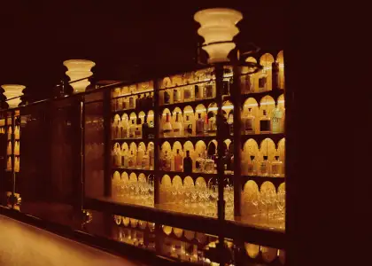 A sepia-toned image of interiors