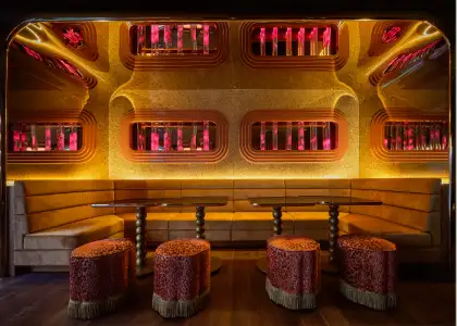 Velvet-lined seating in a bar