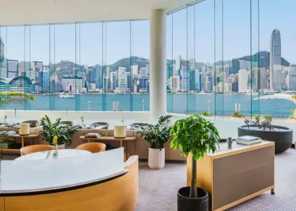 The Lobby Lounge offers an interruptted view of the Victoria Harbour