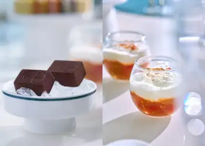 Lavoratti Frozen Gelato Bonbon and rhubarb and datterino tomato compote layered with burrata foam and tomato powder