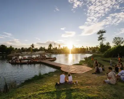 A lakeside venue with the sunset