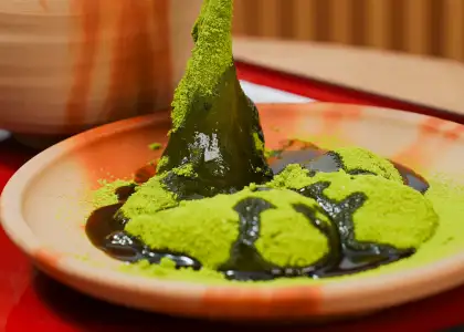 Japanese confection dusted with matcha