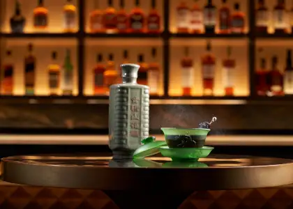 A cocktail, a shaker, and a bar shelf in the background