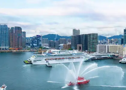 StarCruises’ “Star Voyager” aerial view against HK city scape