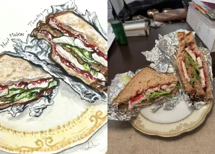 Side by side of painting of Ross Geller Moist Maker Thanksgiving sandwich with photo by Anna Ka wai Kwan