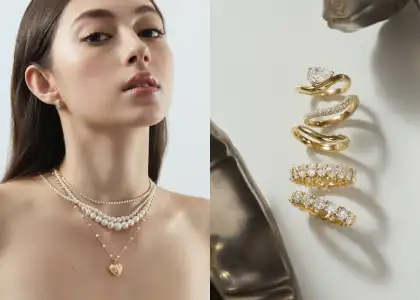 A model wearing jewelry, a stack of rings