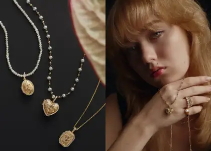 Lockets with different attachments, a model wearing jewelry