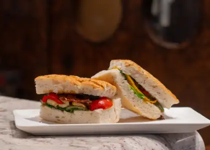 A mixed vegetable focaccia sandwich