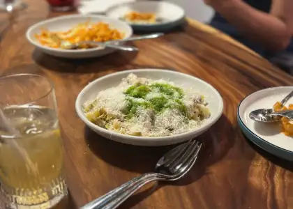 Smoked Duck Leg & Roasted Peach Tagliatelle