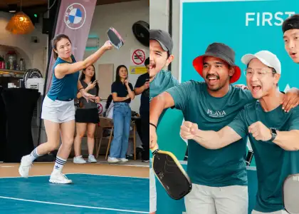 Photos of men cheering and a woman playing pickleball