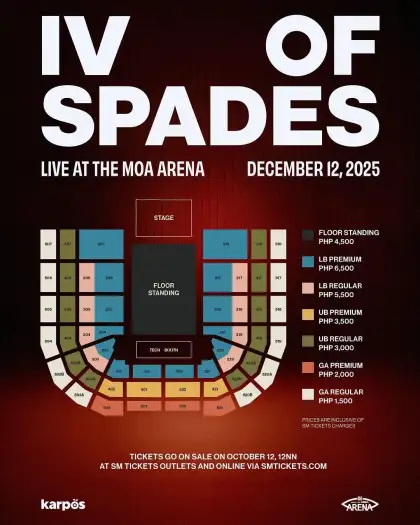 The seat plan and ticket prices for IV of Spades' concert