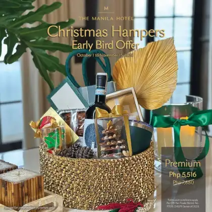 Features a Regular Prestige Card, The Manila Hotel Façade Tote Bag, The Manila Hotel Tumbler, Fruitcake, Christmas Cookies, Chocolate Santa, Christmas Tree Mediants, The Manila Hotel Coffee Drip, and a bottle of red wine.