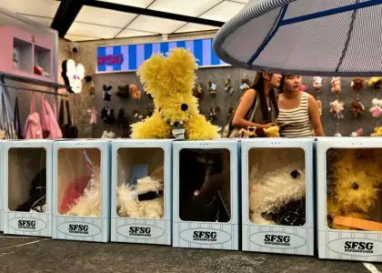 Yellow SFSG dog plushie keychain in Looknow & Flow concept store in French concession, Shanghai as photographed by The Beat Asia