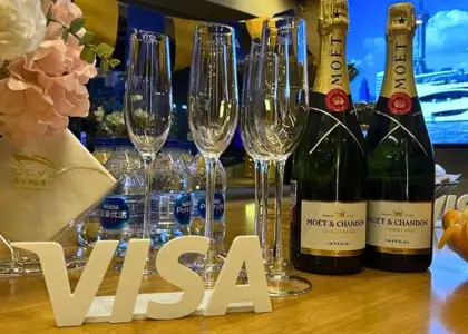 Huangpu River nighttime cruise champagne x Visa setup as photographed by The Beat Asia
