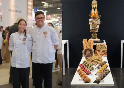 A picture of the chefs who represented Malaysia at the Mondial du Pain 2025 and their creation