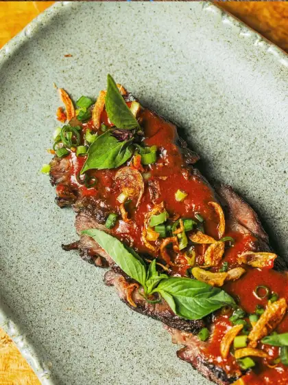 Pluma Iberico à la Brasa, Piña-Longganisa BBQ Sauce, Crispy Shallots