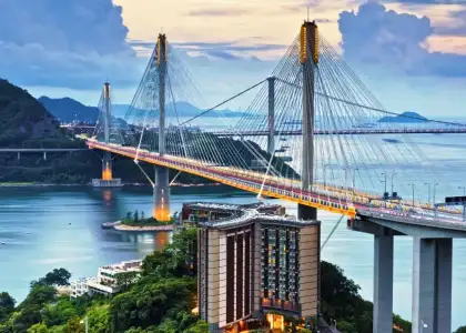 Tin Kau Beach and Tsing Ma bridge views from Royal View Hotel at sunset, best affordable wedding venues in Hong Kong
