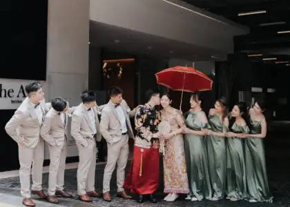 Wedding couple outside the Arca Hotel, Wong Chuk Hang, best affordable wedding venues in Hong Kong