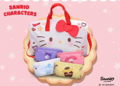 Sanrio duffel bags with Hello Kitty, Cinnamoroll, Kuromi, My Melody, and Pompompurin