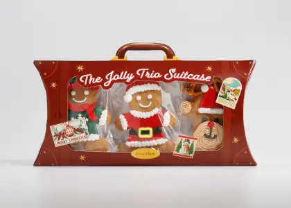 A suitcase with three cookies inside