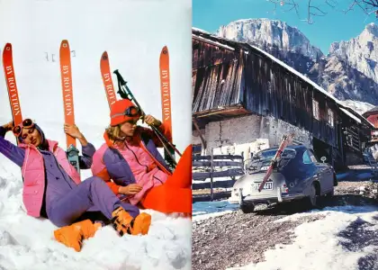 Ski outfits and a rustic wooden chalet