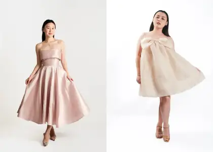 A light blush pink dress and a cream bow dress from Vania Romoff