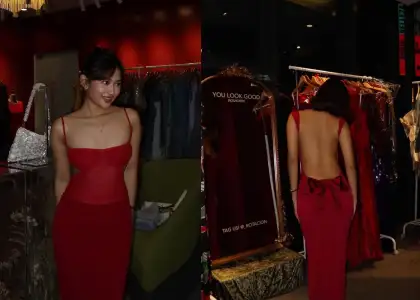 A red dress with a low neckline and a dress with a low back