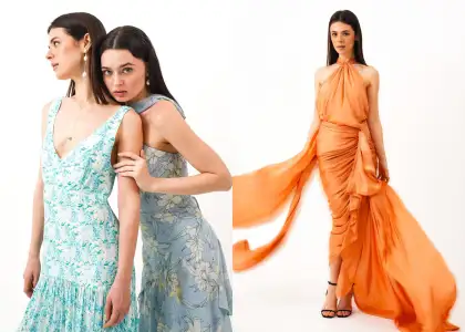 Two blue dresses and an orange gown