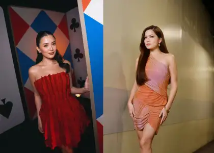A red strapless dress with ruffles and Alexa Ilacad in an orange fitting dress