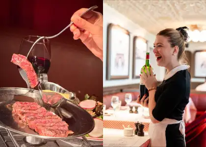Steak and server pouring wine at La Vache! Exchange Square