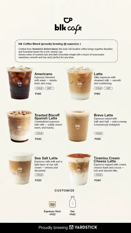 The coffee menu at blk Café