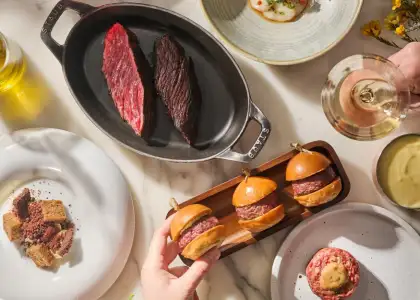 Steaks, burger sliders, and beef tartare