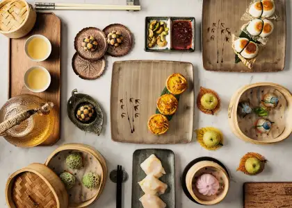 Chinese food spread on a table