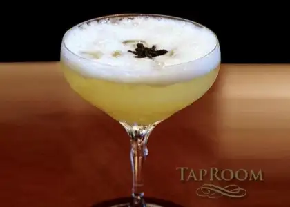 A sophisticated photograph showcases an elegantly presented cocktail in a stemmed glass, featuring a creamy foam and a star anise garnish.