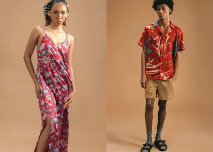 Models wearing a Bali-inspired dress and shirt