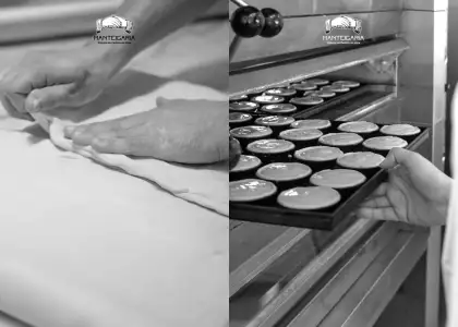 Black and white photos of egg tarts being made