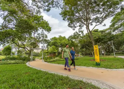 A photo of two people walking leisurely through a park