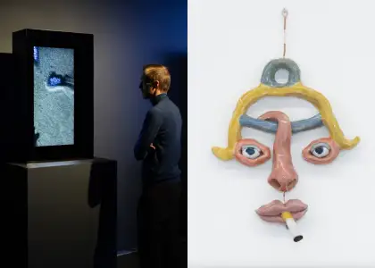 A digital sculpture and glazed ceramic sculpture